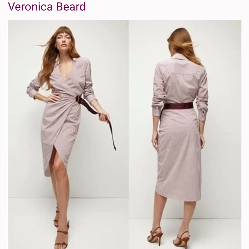 Veronica Beard jacinda Striped Dress - maroon red White belted shirtdress NWOT